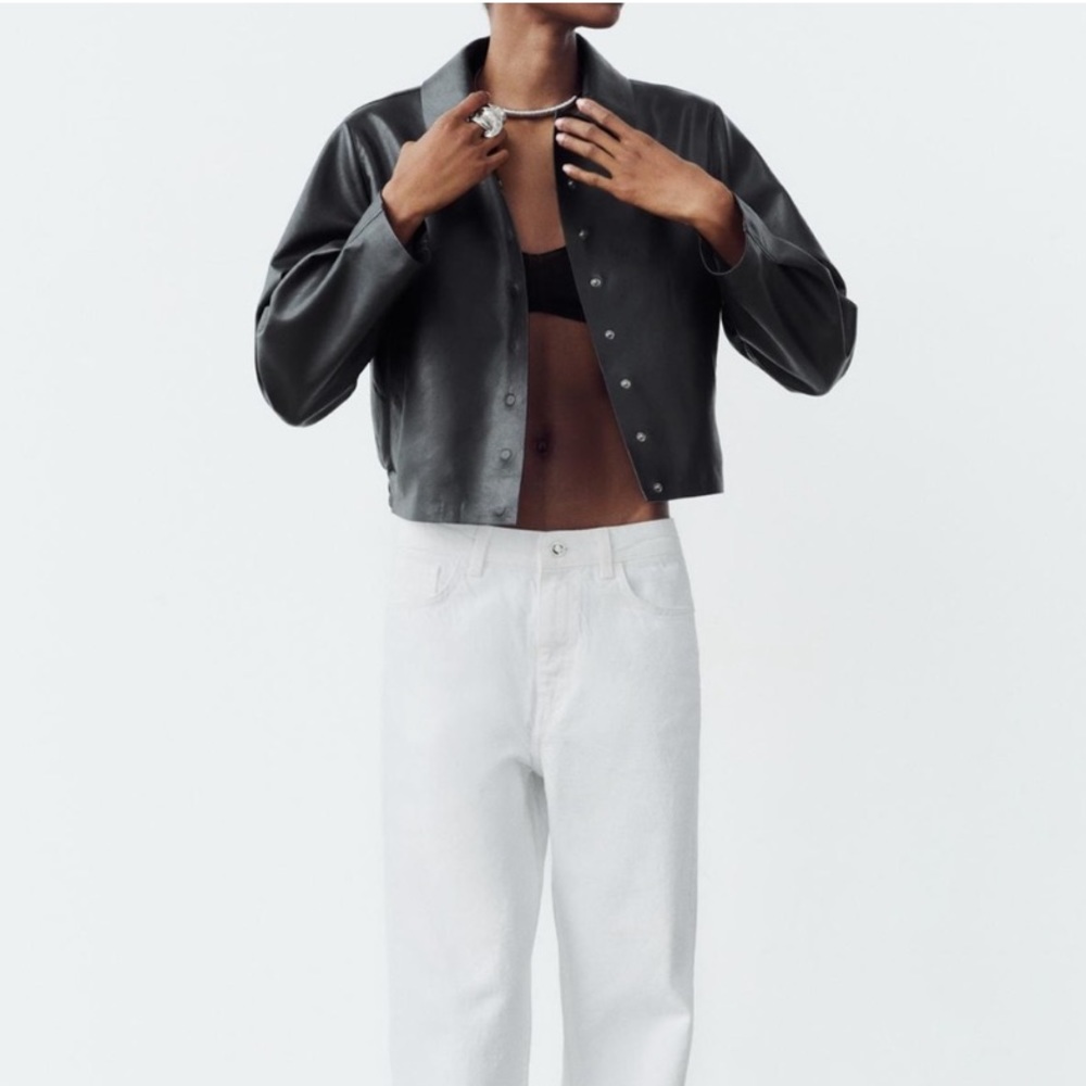 Zara Matte Leather Effect Short Bomber Jacket